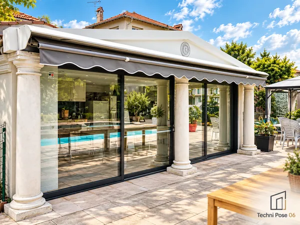 Baies vitrées noires et store gris sur une terrasse