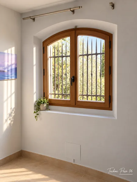Fenêtre cintrée de teinte bois vue depuis l’intérieur