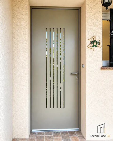 Porte d’entrée grise avec inserts vitrés verticaux