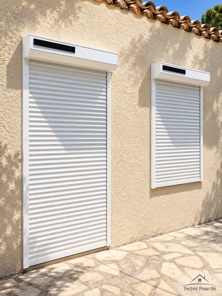 Deux volets roulants blancs avec capteurs solaires sur une façade